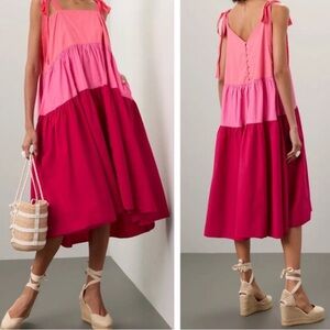 Peter Som Collective color block three tier ribbon strap pink Midi Dress